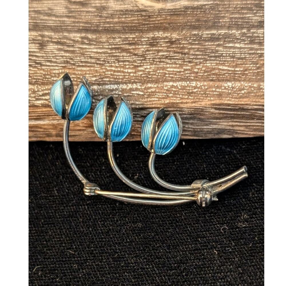 VTG Mid Century Norway 925 Silver 3 Blue Lily Of The Valley Enamel Brooch/Pin - Picture 3 of 8